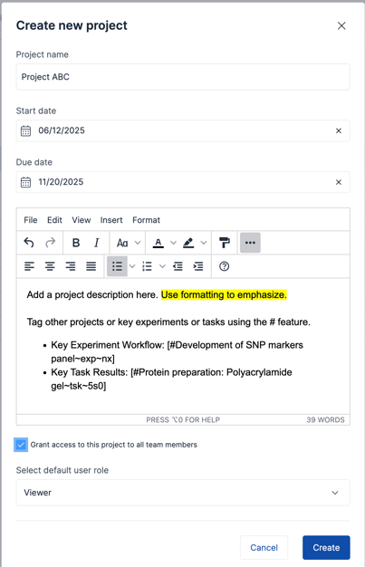 Create New Project Window 2025
