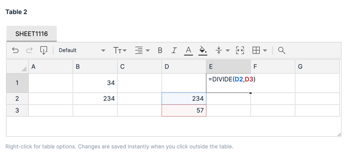 Example Formula in SciNote Table