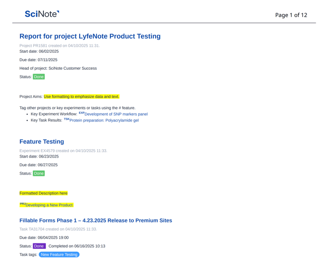 Example SciNote Report PDF 2025 with new fields