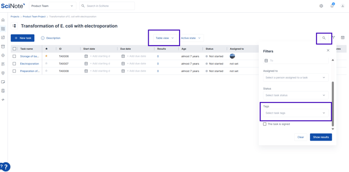 Search tags in task table view