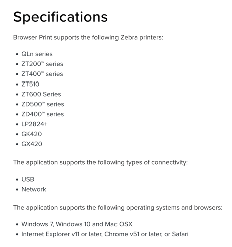 Zebra Browser Print Specifications, Sep. 2024